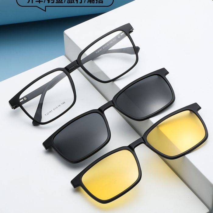2191 TR90 Polarized Glasses - Square Frame, Sporty Night Vision, Clip-On Lenses