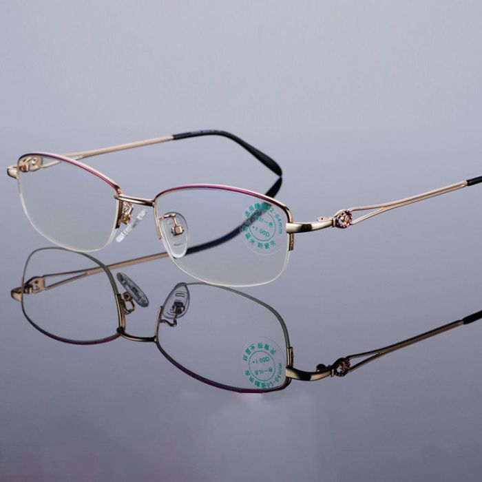 88999 Delicate Female Blue Reading Glasses, Metal Half-Rim - Elegant Vision