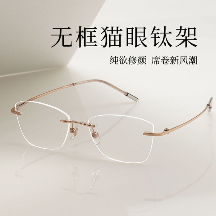 1022 Titanium Alloy Rimless Optical Frame, Cat Eyes